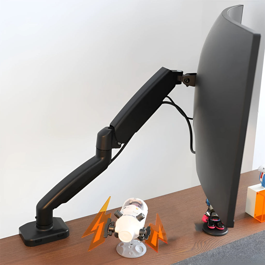 Black rotating telescopic bracket elevating an LCD screen on a desk