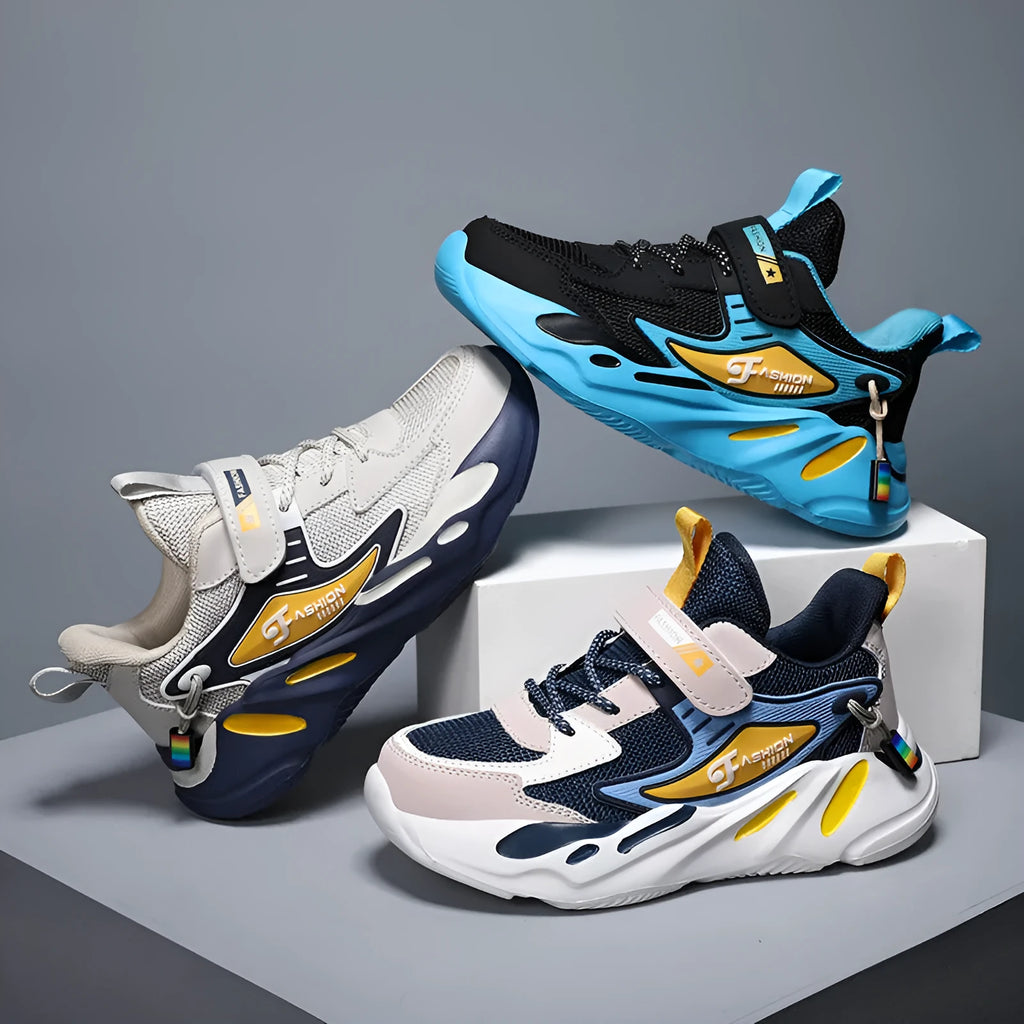 Boys' dark blue and black platform sports shoes with Velcro strap and mesh upper.