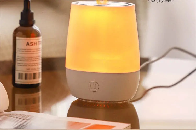 White USB aroma diffuser with simulated flame effect showing 138mm length