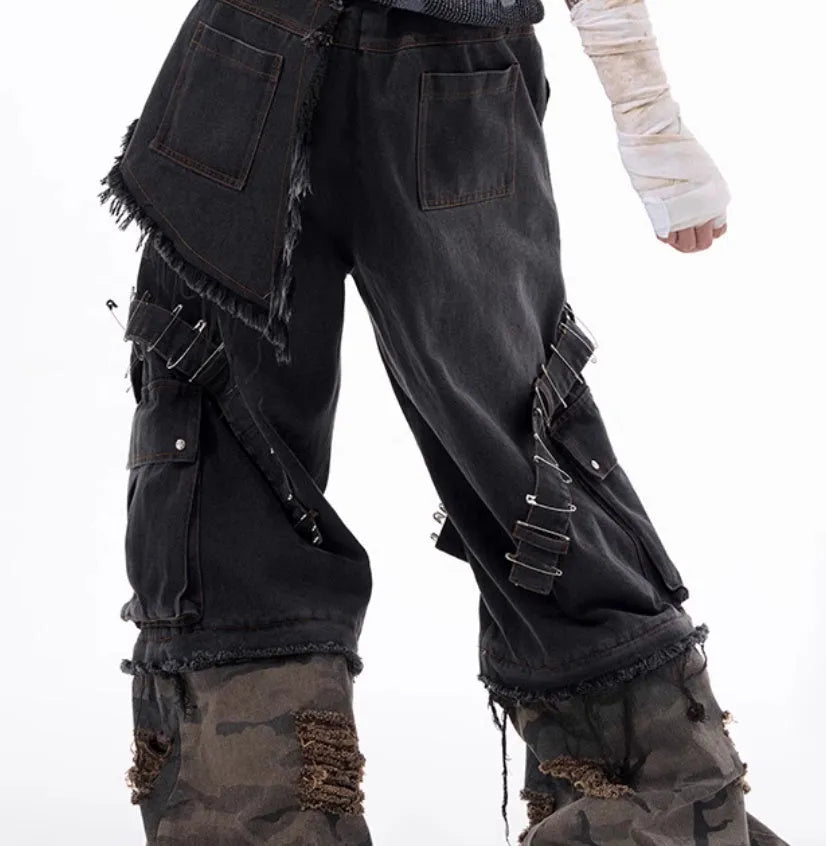 Men's grey camouflage jeans with pin and ribbon detailing on cotton denim fabric