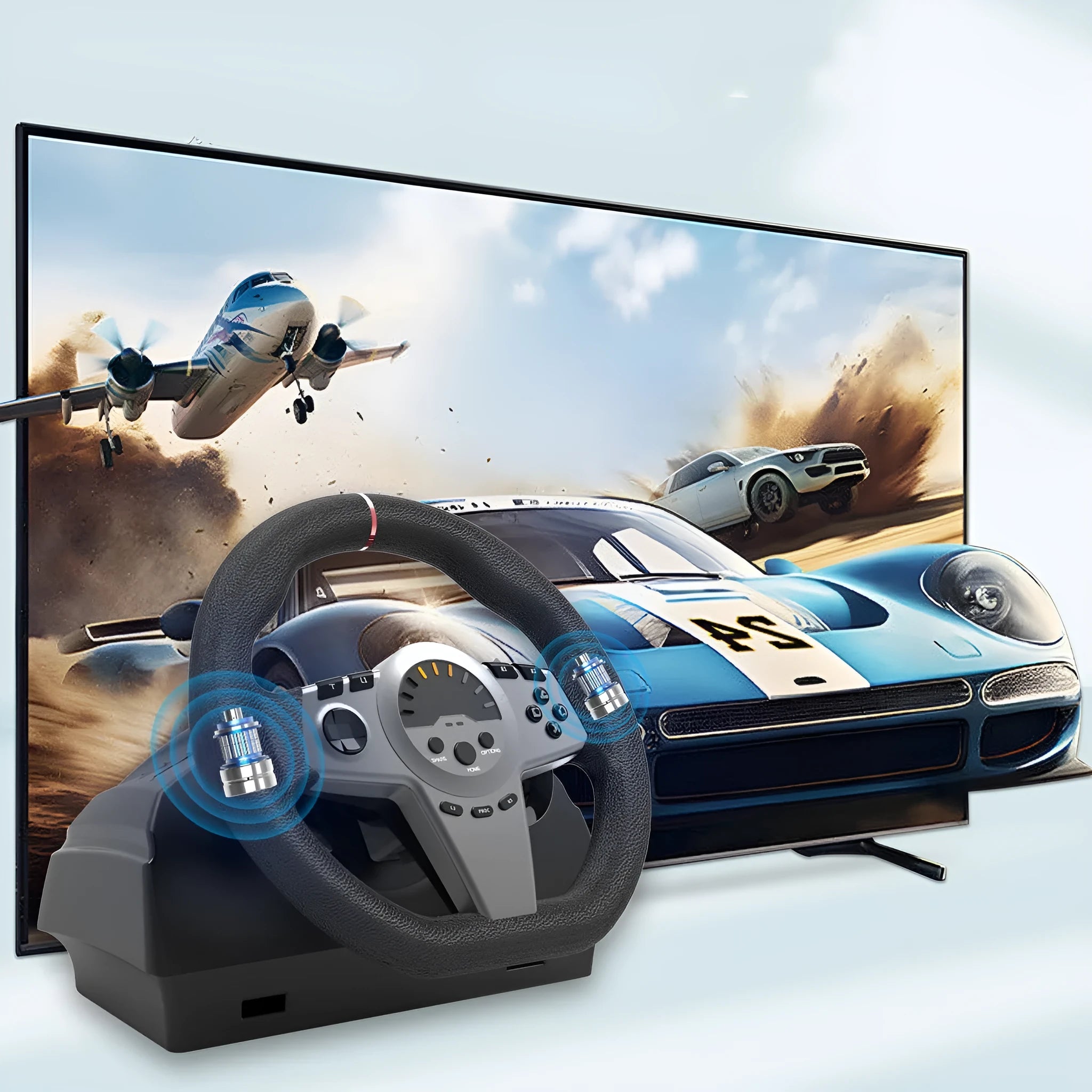 Black multi-platform steering wheel game controller with two pedals and vibration feedback for racing simulation