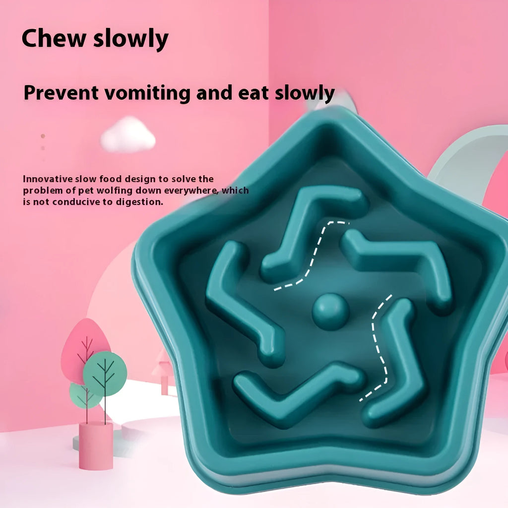 Yellow plastic dog slow feeding bowl with textured bottom surface for choking prevention