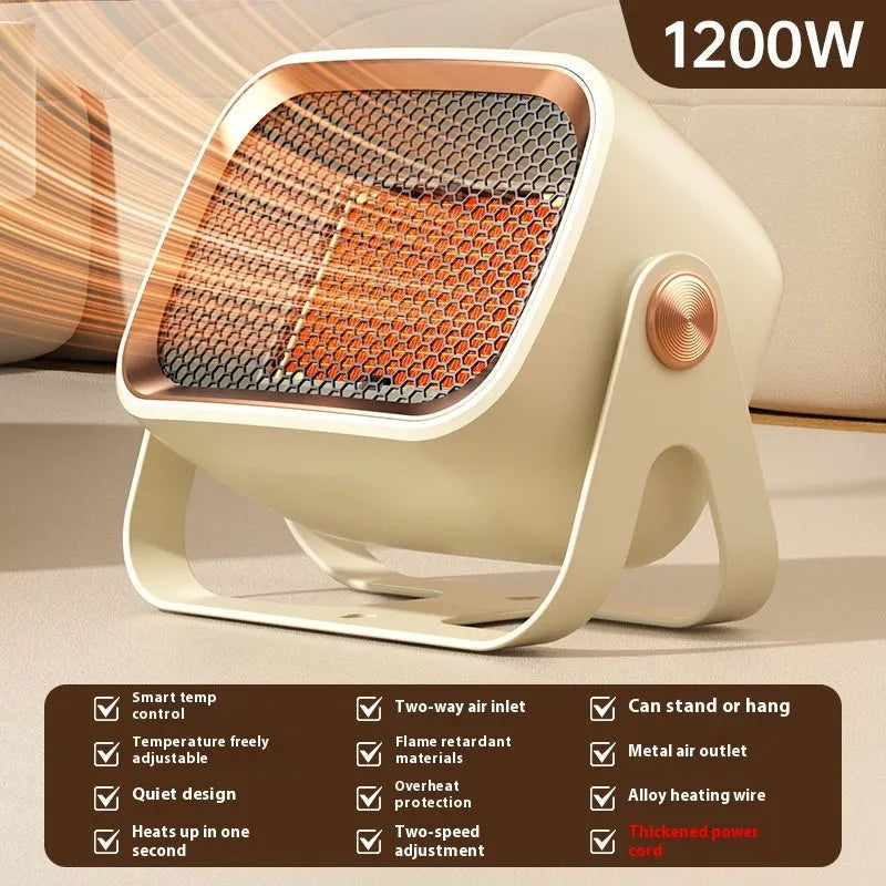 Compact white desktop electric heater with rotatable body and push-button controls.