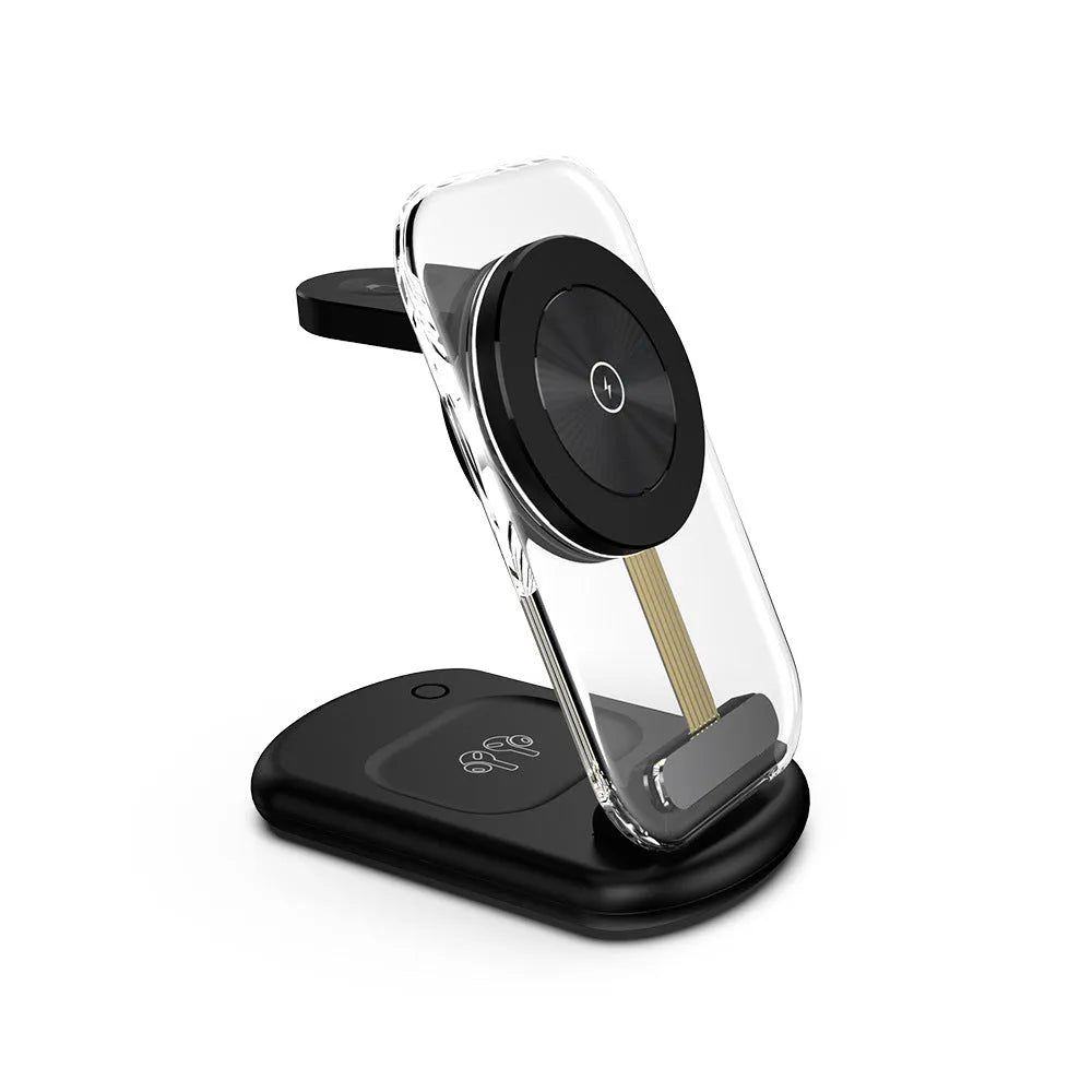 Transparent folding magnetic three-in-one wireless charger in black or white with QC3.0 fast charging