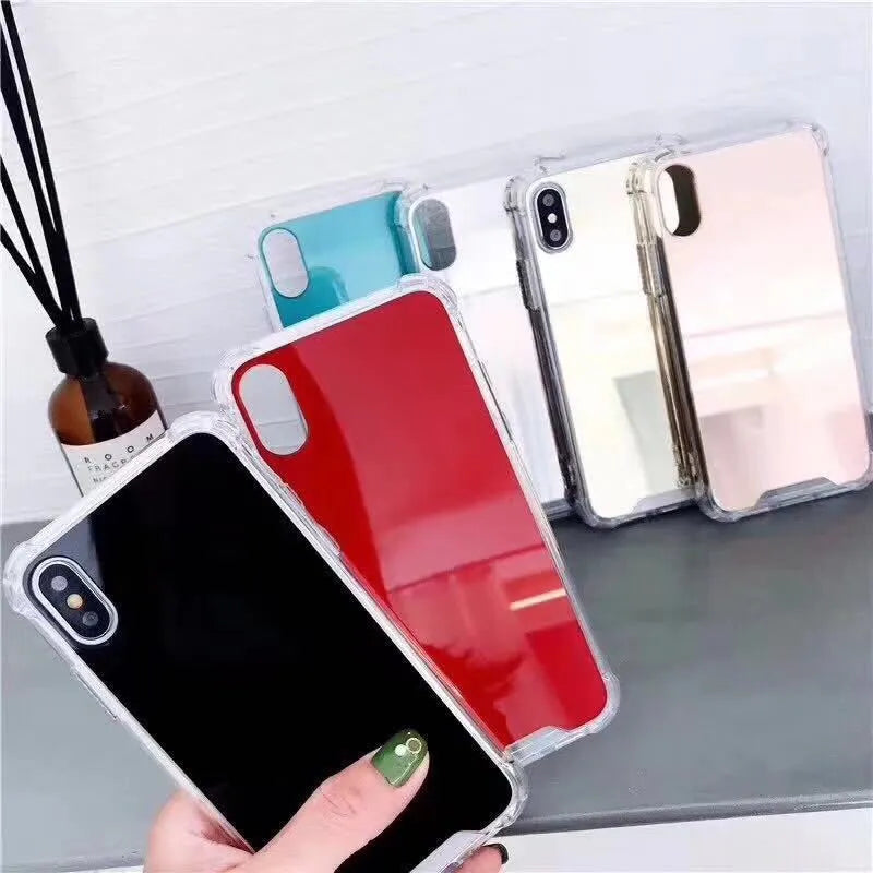 Mirror finish iPhone case in various colours showing reflective surface and TPU soft protective construction