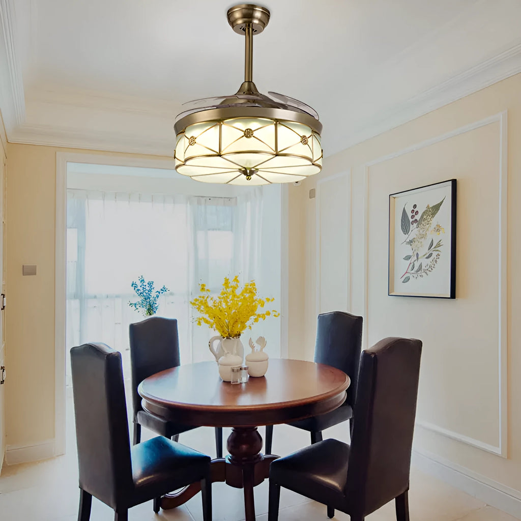 Gold 42-inch ceiling fan light with invisible blades and remote control on a white ceiling.