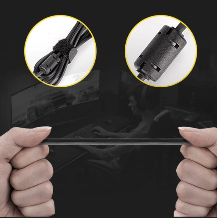 Black wired gaming mouse with 5000 DPI sensor, 9 buttons, USB cable and four-way scroll wheel for desktop PC