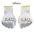White PU coated work gloves with cotton lining showing palm texture and wrist area