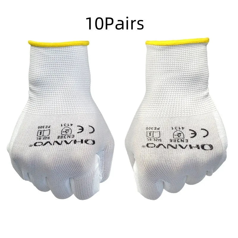 White PU coated work gloves with cotton lining showing palm texture and wrist area