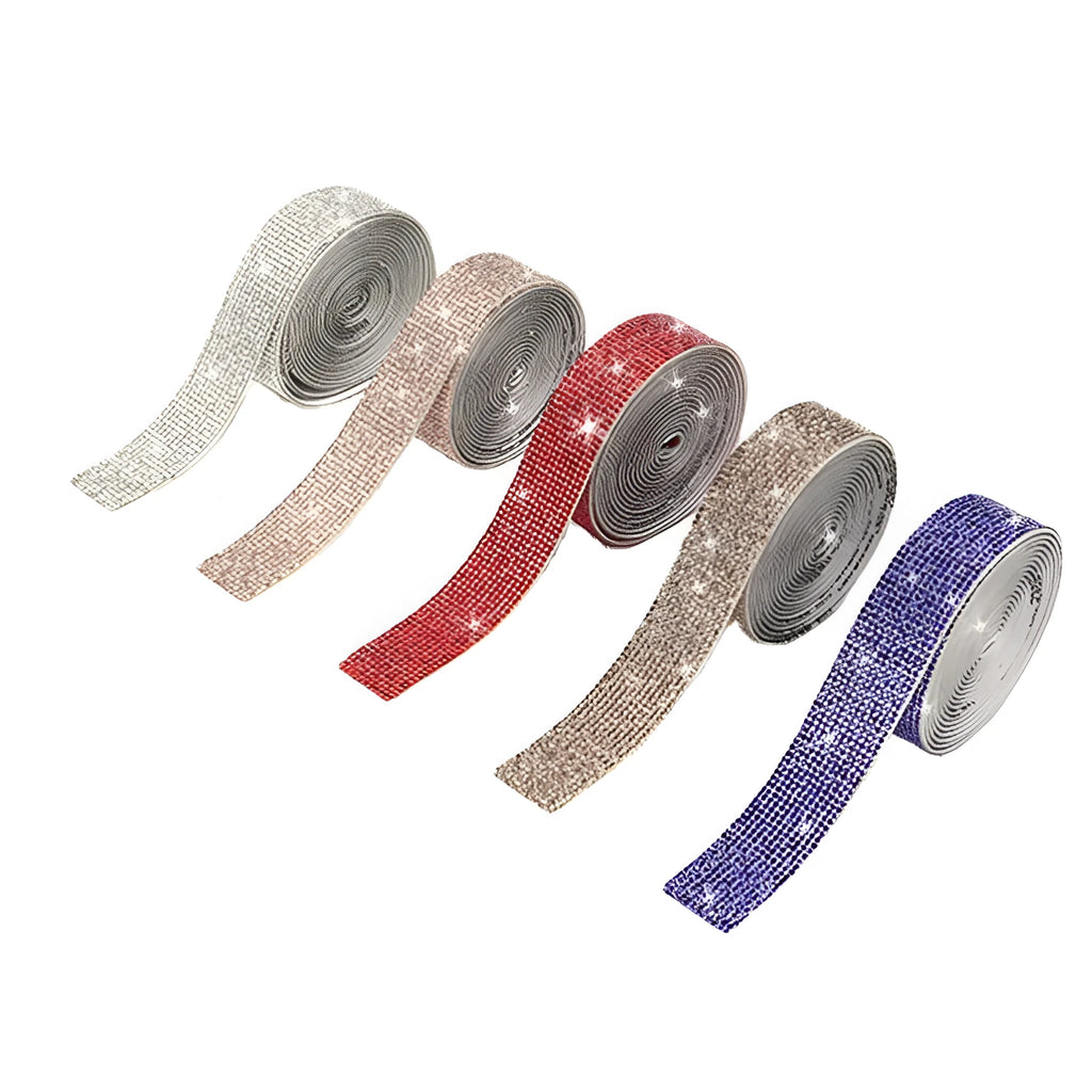 A long strip of self-adhesive, sparkly glass water drill trim on a white background, showing white and AB colour options.