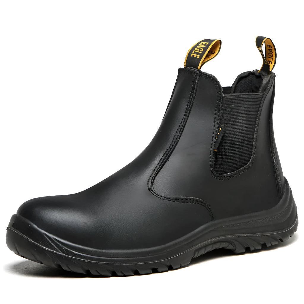 Black high-top leather safety work boots with anti-piercing protection on a white background.