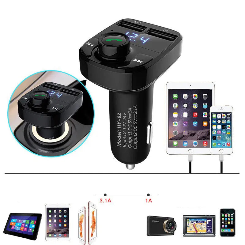 Car MP3 audio player and FM transmitter with dual USB charger, LED screen, 73x47x39mm, 30g.