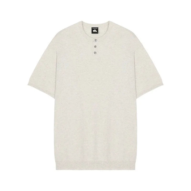 Men's black slim-fit ice silk knitted short-sleeve pullover shirt on a hanger.