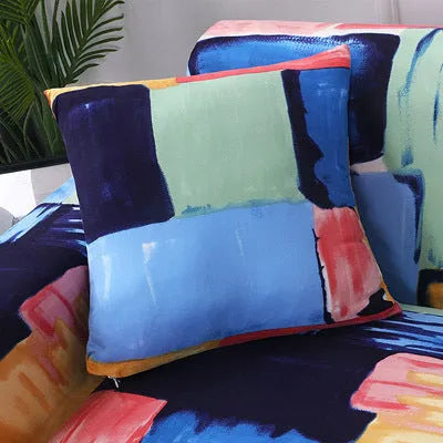 Geometric print stretch sofa slipcover on a double seat sofa