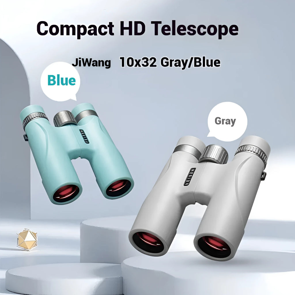 Compact 10x32 plastic binoculars in grey or blue with 32mm objective lens and 112x140x45mm dimensions for outdoor use