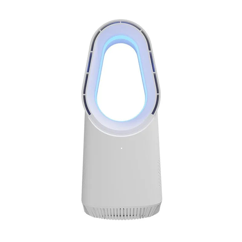 White bladeless tower fan with a remote control and touch screen panel on a desk.