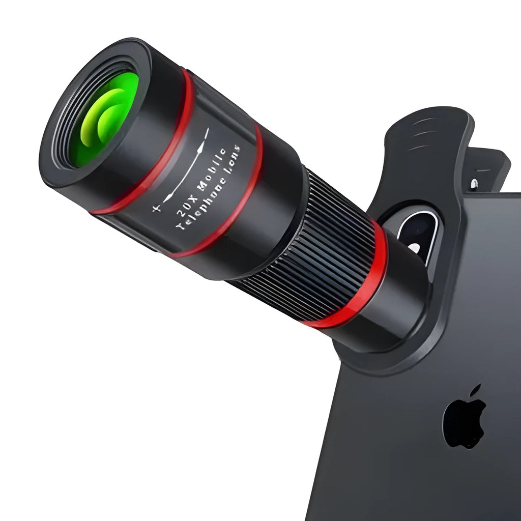 20x magnification mobile phone telescope with universal mounting clip and single eye mask for long-range photography.