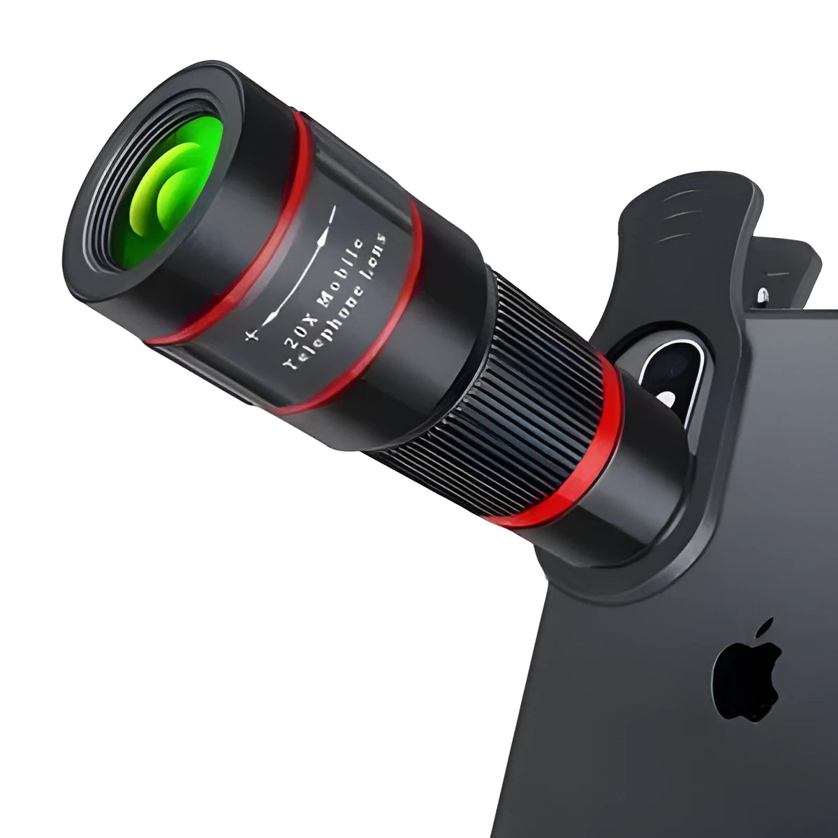 20x magnification mobile phone telescope with universal mounting clip and single eye mask for long-range photography.