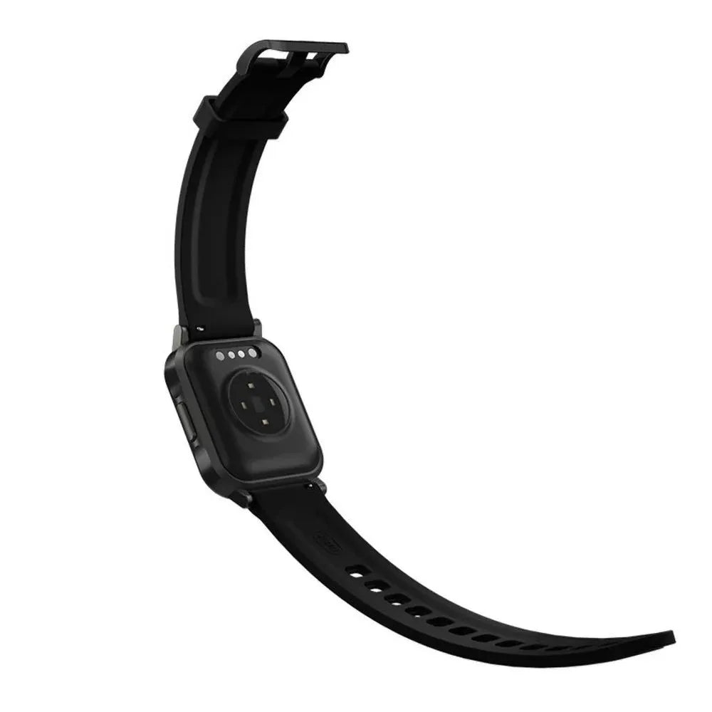 Black waterproof smart fitness bracelet with colour screen on a silicone wrist strap.