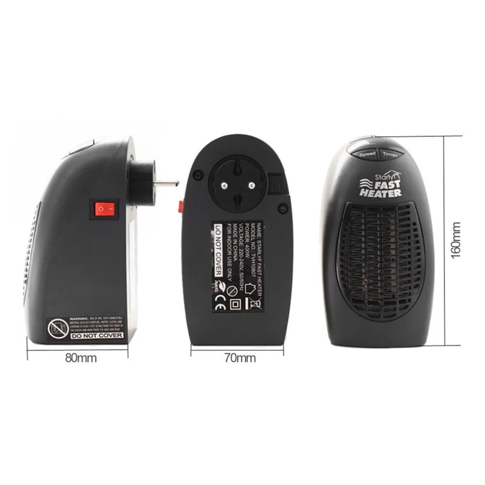 Small black mini ceramic electric heater with digital display and a rotating three-prong plug.