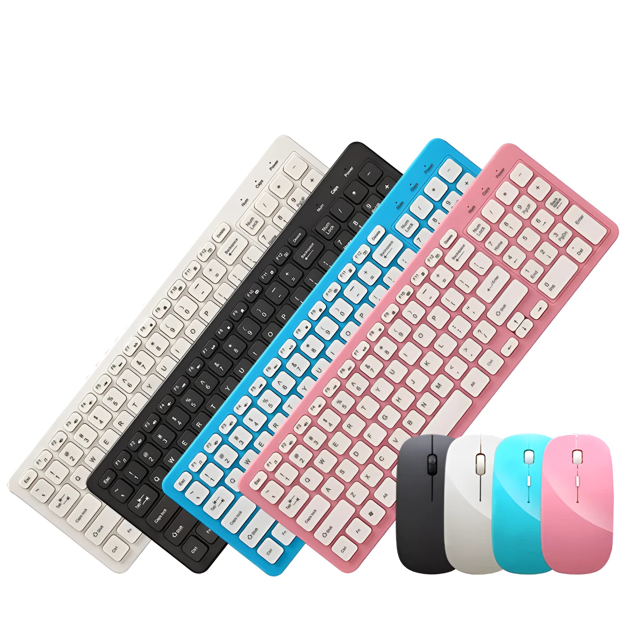 Wireless keyboard and mouse set in black, white, pink or blue with 96-key keyboard and adjustable DPI mouse