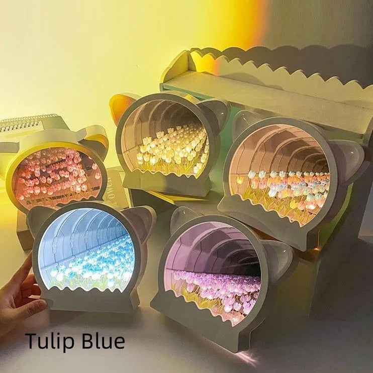 Handmade DIY cat head shaped night lamp decorated with a sea of colourful tulip flowers