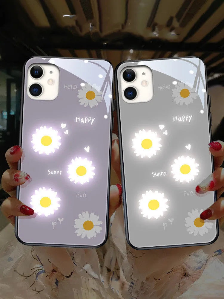 Luminous phone case with painted daisy design and voice-activated colour light for iPhones
