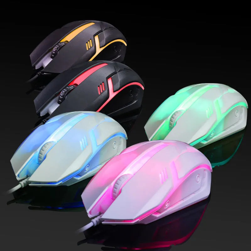 Black and white glowing USB wired computer mouse with colourful LED effects and 1.3 metre cable