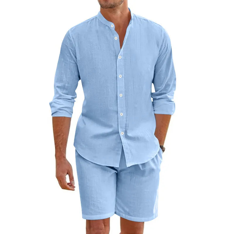 Men's linen summer suit with button-down short sleeve shirt and drawstring shorts in five colour options