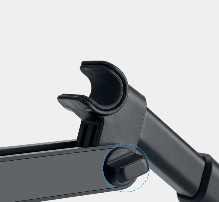Black universal car phone holder mounted on a rear seat headrest, holding an iPad.