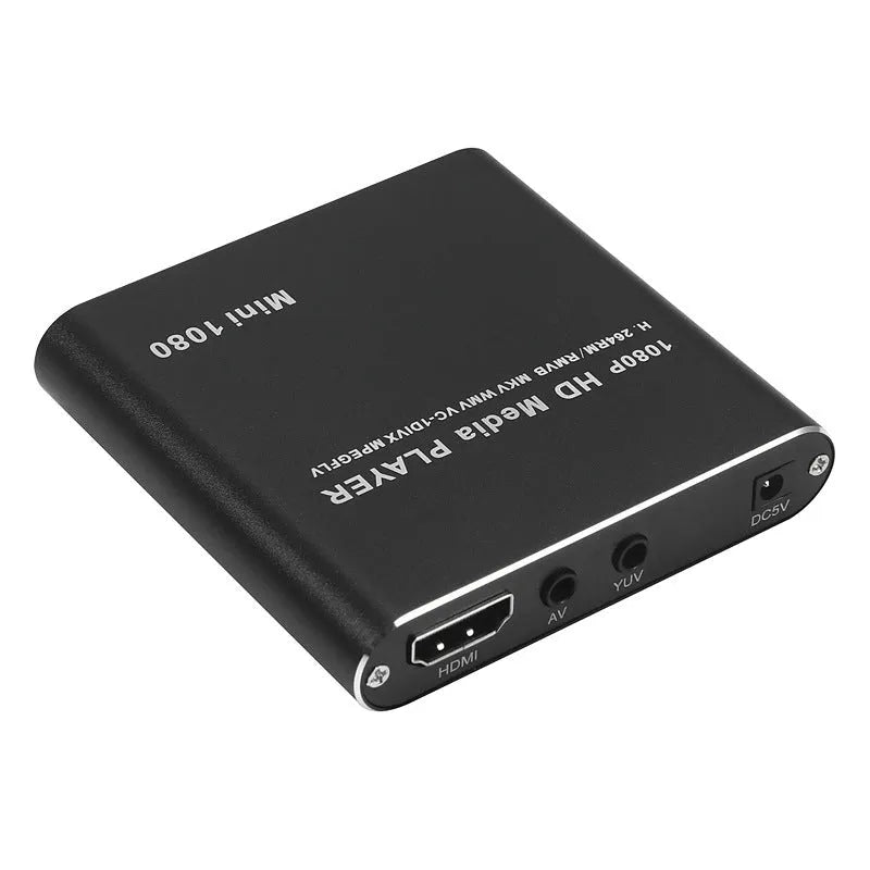 Compact blue 1080P HDMI media player with SD card and USB ports