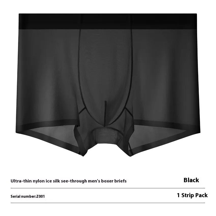 Men's ultra-thin ice silk boxer briefs in light blue, showcasing seamless knitted construction.