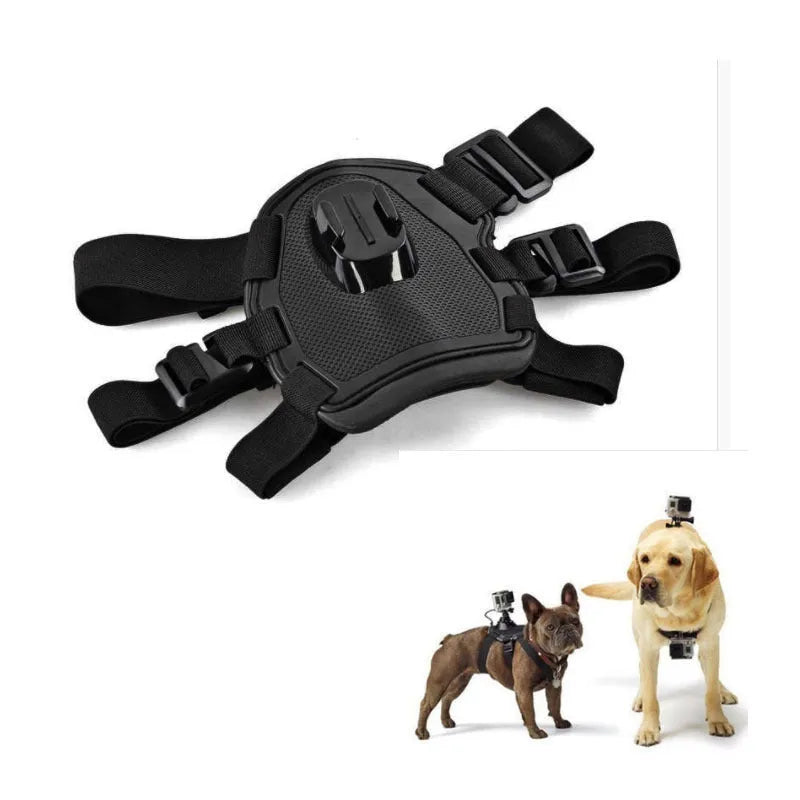 Black dog camera harness chest mount for GoPro, adjustable 7-54 kg, with quick release base and camera lanyard