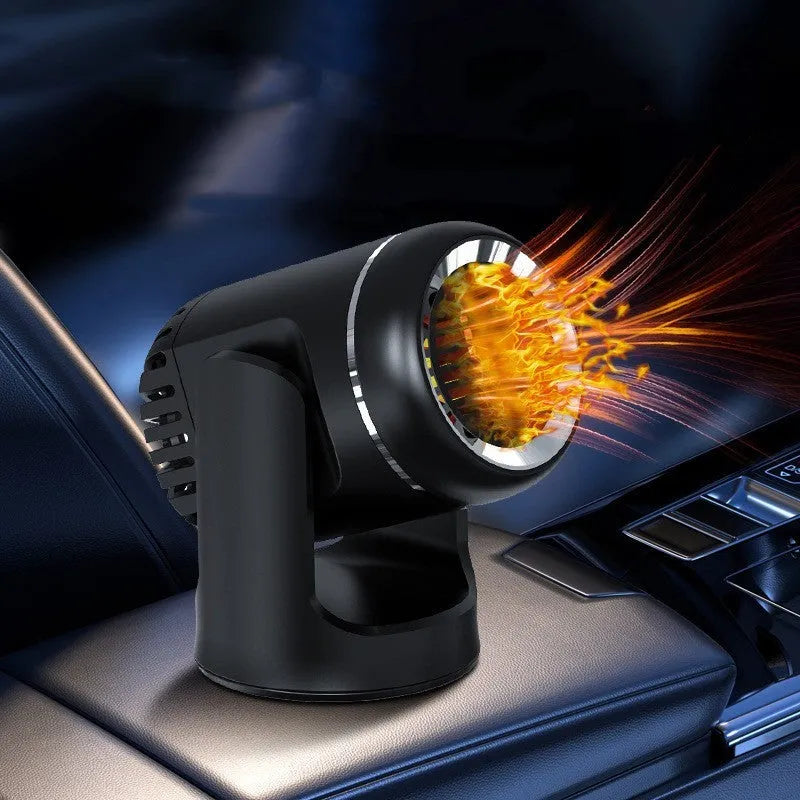 Black and white 12V car heater unit with dual hot cold settings for vehicle defrosting