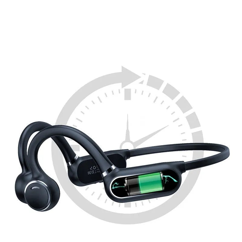 Black air conduction wireless earphones with titanium frame showing touch controls and ergonomic ear-hook design