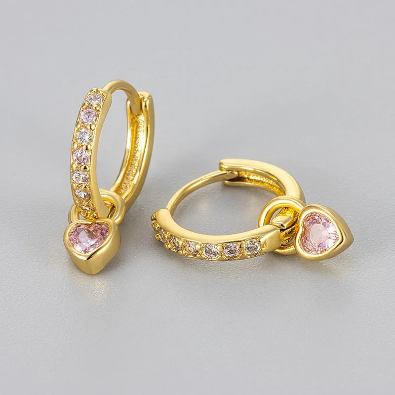 Women's heart-shaped drop earrings with coloured zircon gemstones in gold or white gold plating
