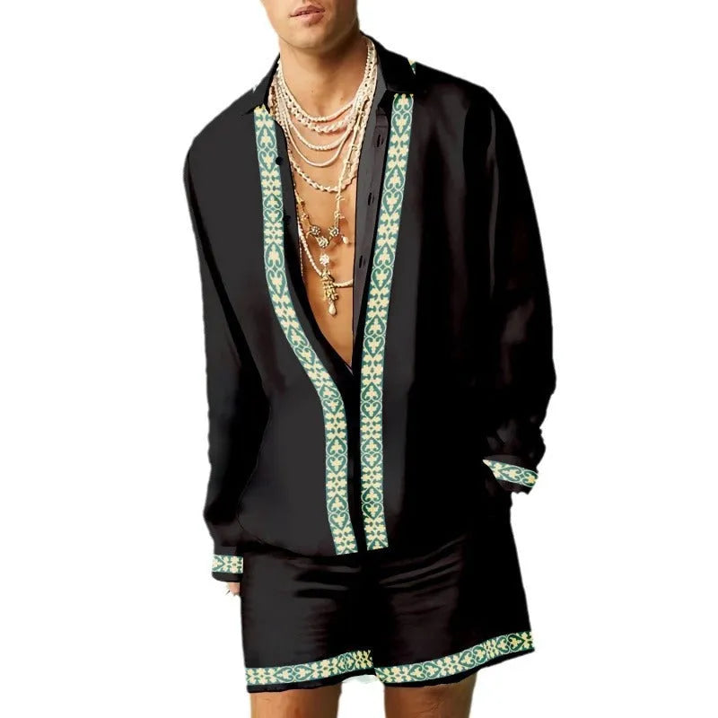 Man wearing a colour block long sleeve shirt with matching casual shorts from a summer outfit set.