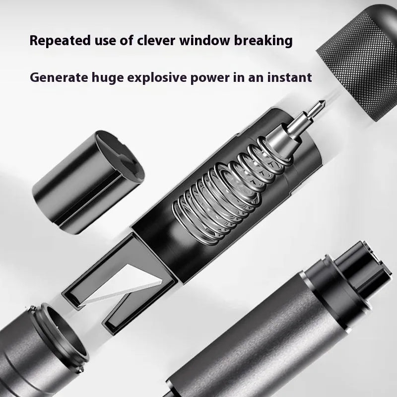 Gun grey aluminium alloy car safety hammer measuring 87mm with seatbelt cutter and test glass