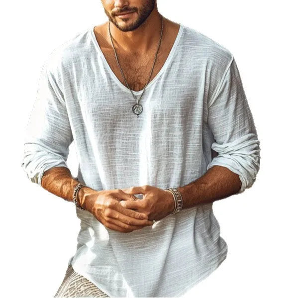 Beige slim fit V-neck long-sleeved t-shirt made from hemp blend fabric
