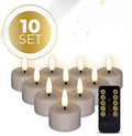 Four taupe coloured S10 LED tealight candles showing 3D flame flickering effect