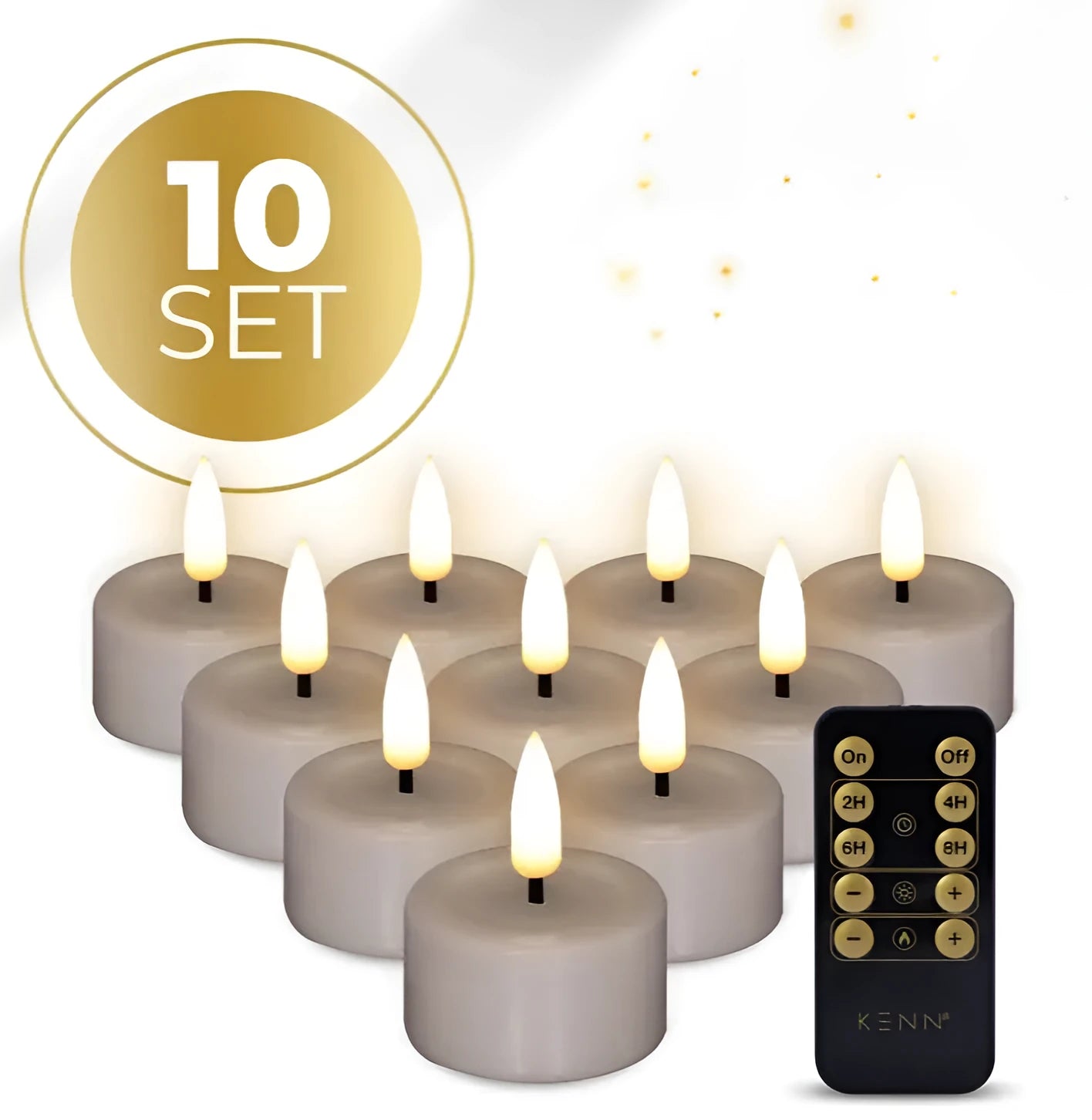 Four taupe coloured S10 LED tealight candles showing 3D flame flickering effect