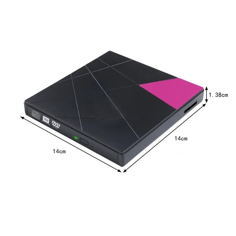 External USB DVD burner with card reader, 24x read and write speed, rose-red or white, 152 x 142 x 20mm