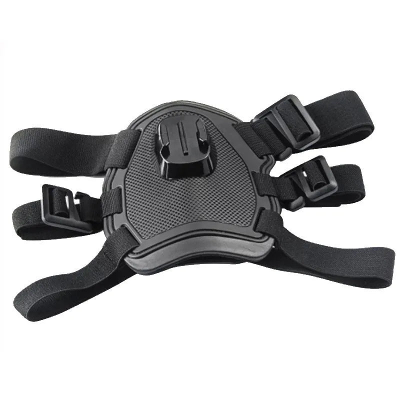 Black dog camera harness chest mount for GoPro, adjustable 7-54 kg, with quick release base and camera lanyard