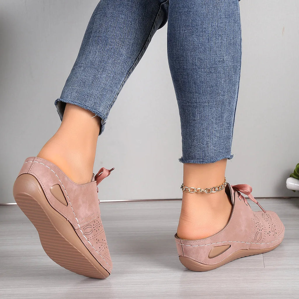 Women's lace-up wedge slippers with hollowed-out design in suede and rubber construction