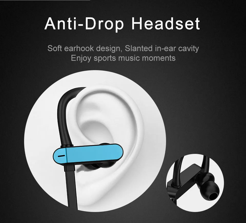 Black and blue sport ear hook earbuds with in-line microphone, shown with flexible hooks and silicone earbud tips