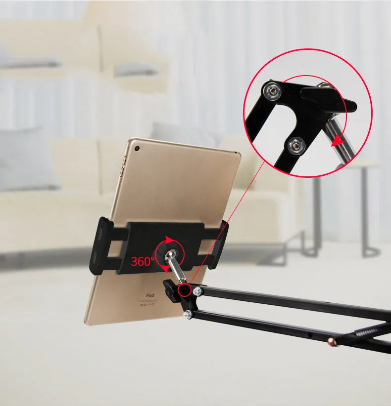 Black and white adjustable phone and tablet stand on desktop showing viewing angle