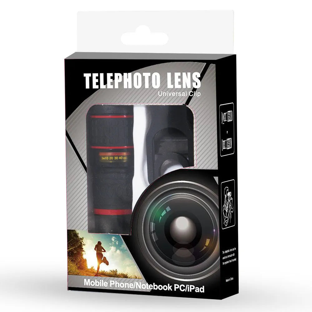 20x magnification mobile phone telescope with universal mounting clip and single eye mask for long-range photography.