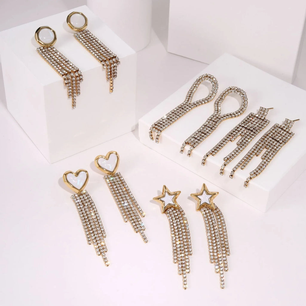 Diamond tassel love heart and star stainless steel earrings with 18K gold plating and geometric design