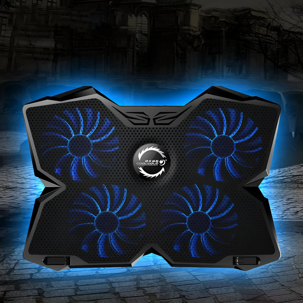 Blue laptop cooling base showing four illuminated LED fans and two USB ports on the front edge.