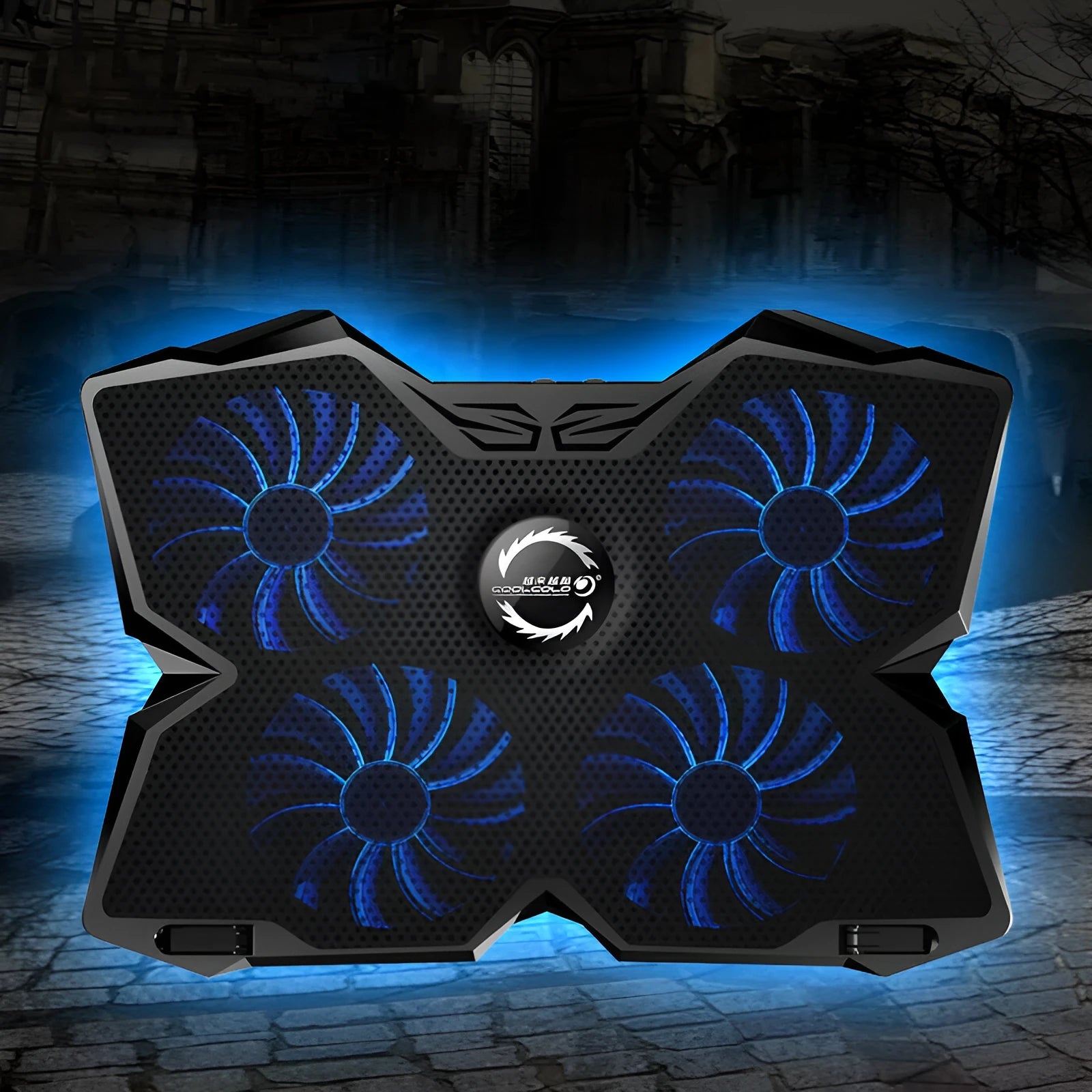 Blue laptop cooling base showing four illuminated LED fans and two USB ports on the front edge.
